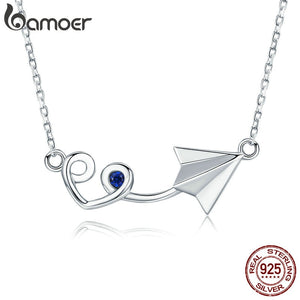 BAMOER  Genuine 925 Sterling Silver Paper Plane with Heart Pendant Necklace